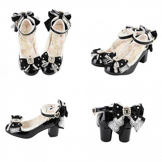 Black Beaded And Rhinestone Decorated Bow at Top Lace Trim Mary Janes With Detachable Beaded Chain