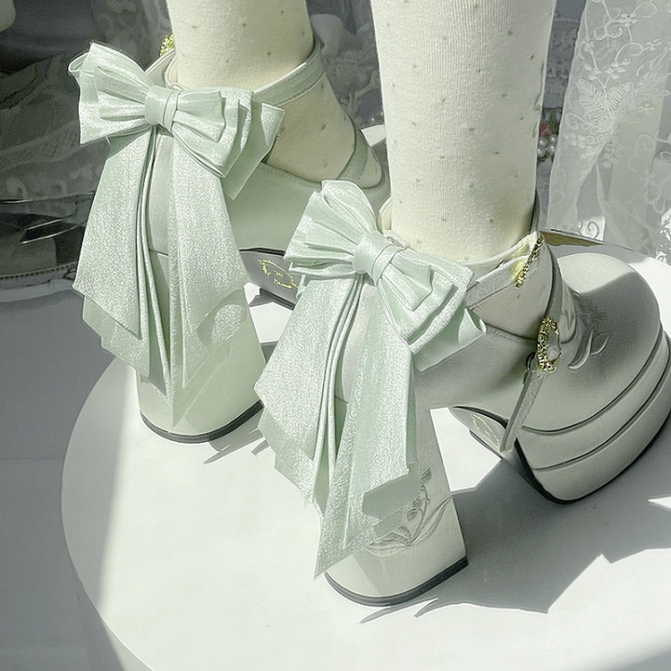Light Green Detachable Bowknot Lily of the Valley Embroidery High Block Heel Platform Mary Janes