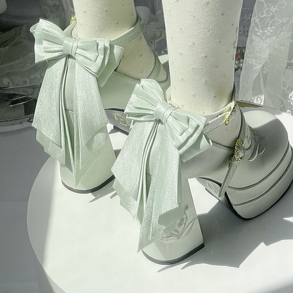 Light Green Detachable Bowknot Lily of the Valley Embroidery High Block Heel Platform Mary Janes