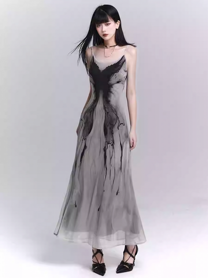 Gothic Gray Butterfly Print Slim-fitting Slip Dress