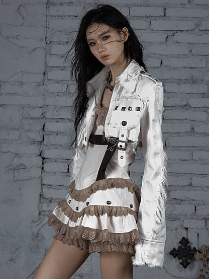 White Wasteland Punk Studs And Buckle Decorated Cropped Jacket