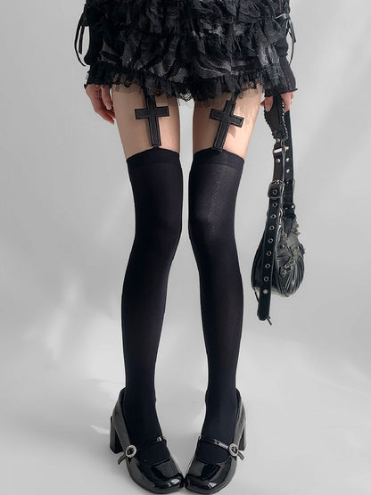 Black Cross Applique Suspender Stockings