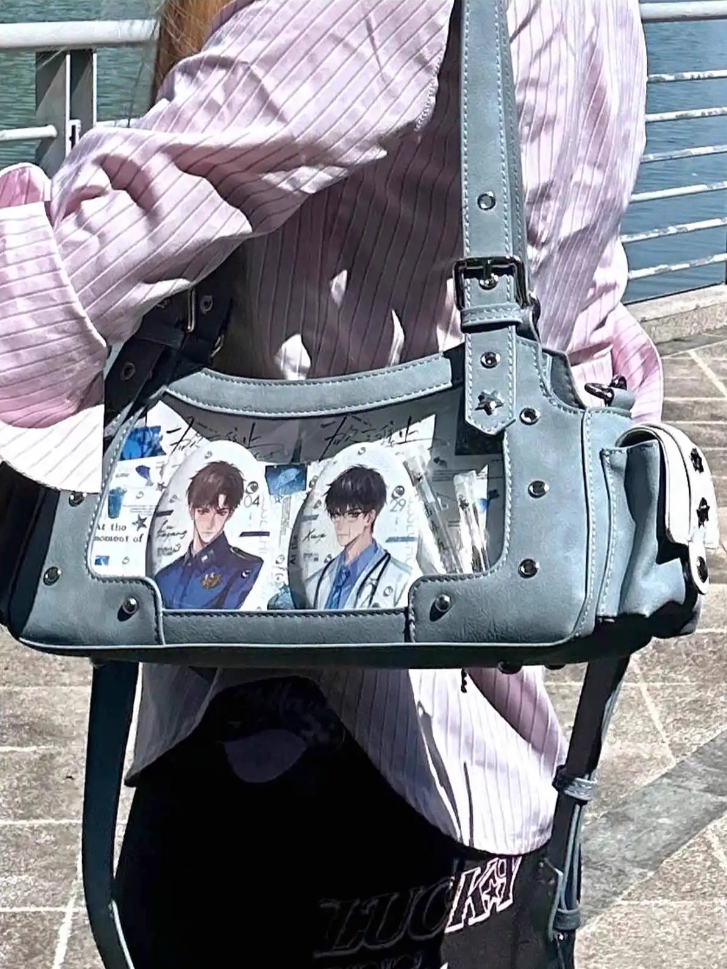 Blue PU Y2K Shoulder Ita Bag With Star Charm
