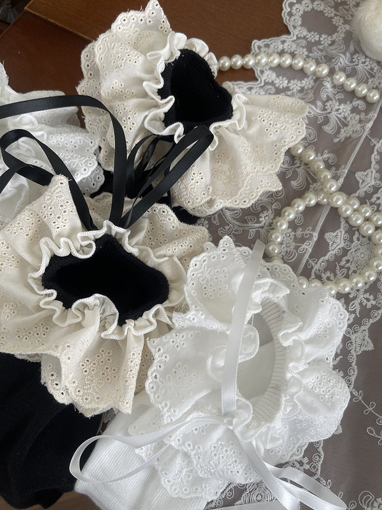 White/Black Double Layers Lace Trim Lolita Under-Knee Stockings