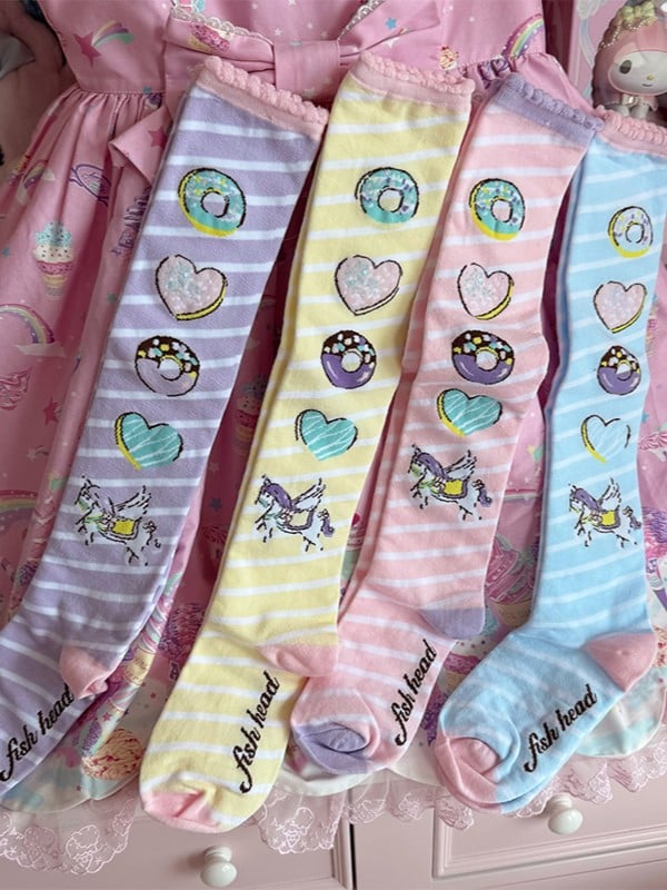 Pink/Yellow/Blue/Purple Unicorn Donut Print Striped Pattern Lolita Over Knee Stockings