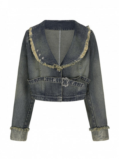 Plus Size Wasteland Punk Y2K Gray-Blue Crop Denim Jacket with Raw Hem