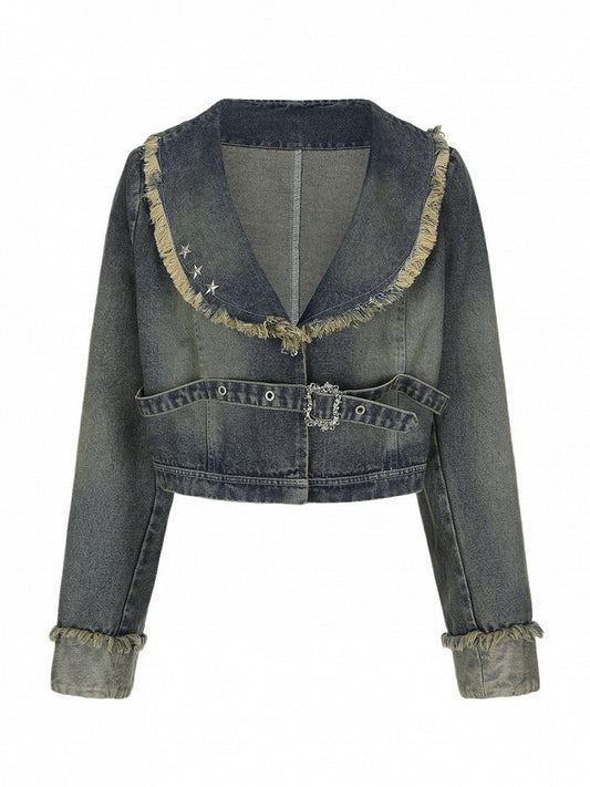 Plus Size Wasteland Punk Y2K Gray-Blue Crop Denim Jacket with Raw Hem