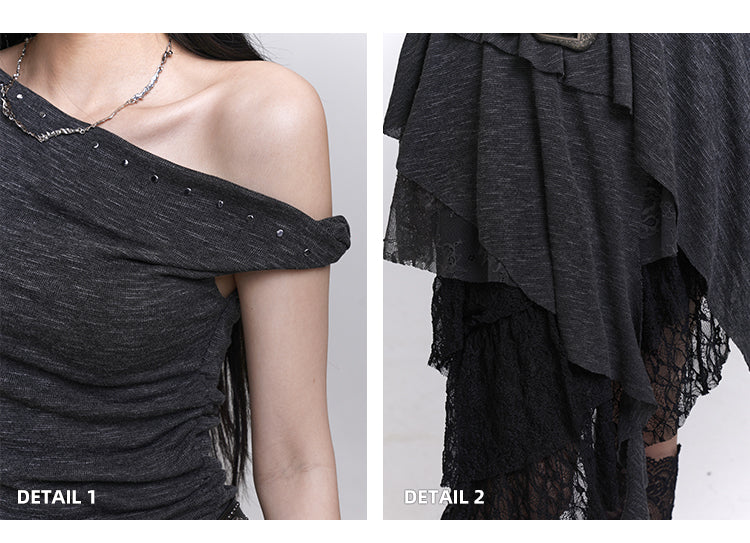 Studded Asymmetrical Neckline Cascading Ruffles Dress with Buckle Belt