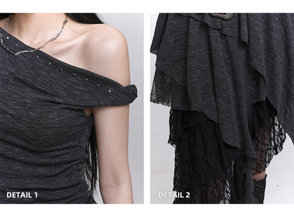 Studded Asymmetrical Neckline Cascading Ruffles Dress with Buckle Belt