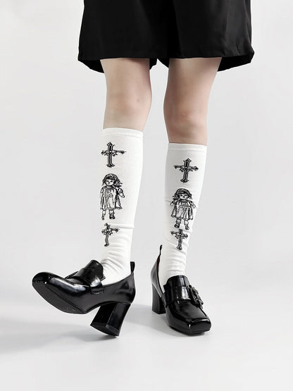 Gothic Polished Black Square Toe High Block Heel Shoes