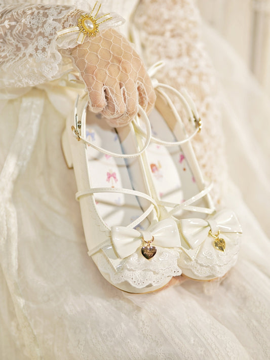 Milky White Heart Charm Bow at Top Lace Trim Crisscross Design Lolita Shoes