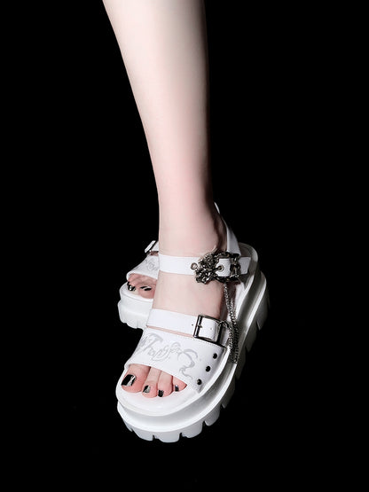Dragon-shaped Buckle Polished White Punk Platform Sandals Detachable Chains