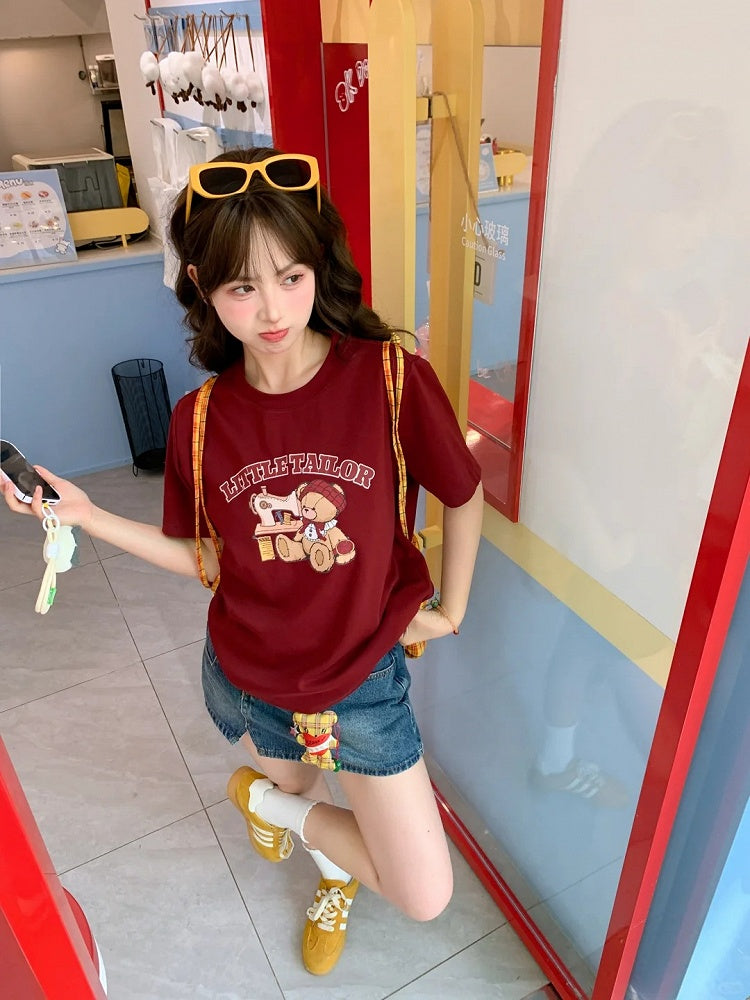 Cartoon Bear Print Wine Red Round Neck Loose T-shirt