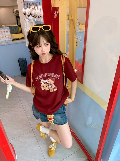 Cartoon Bear Print Wine Red Round Neck Loose T-shirt
