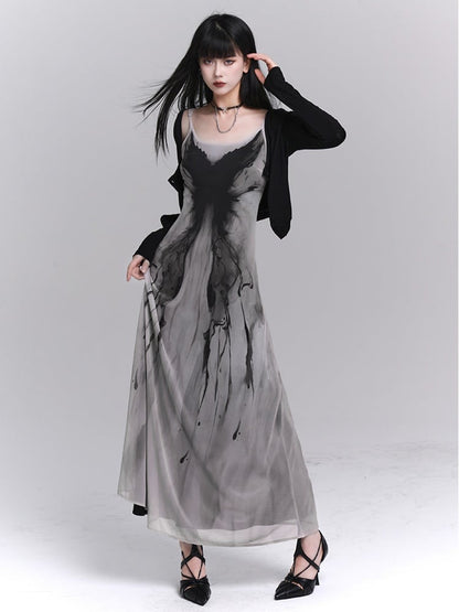 Gothic Gray Butterfly Print Slim-fitting Slip Dress