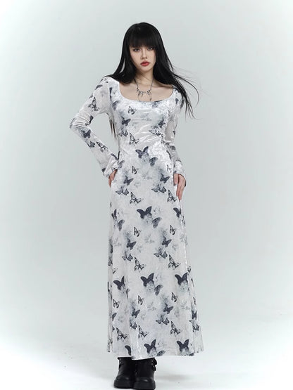 White Velvet Butterfly Print Slim-fitting Dress