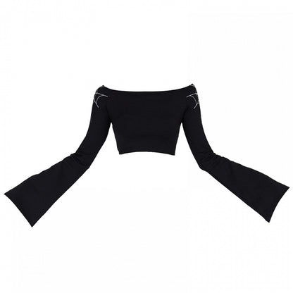 Gothic Black Spiderweb Embroidery Bell Sleeves Cropped Top