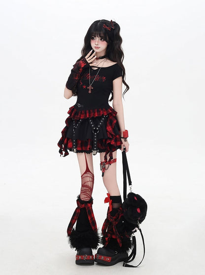 Red and Black Plaid Cascading Ruffle Accents Star and Letter Appliques T-shirt