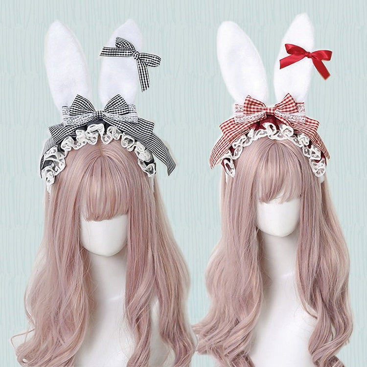 4 Colors Cute Lolita Gingham Bowknot Bunny Ear KC with Detachable Small Bowknots