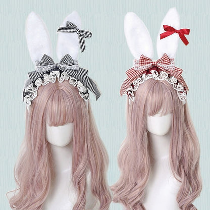 4 Colors Cute Lolita Gingham Bowknot Bunny Ear KC with Detachable Small Bowknots