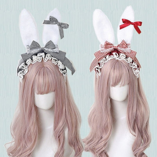 4 Colors Cute Lolita Gingham Bowknot Bunny Ear KC with Detachable Small Bowknots