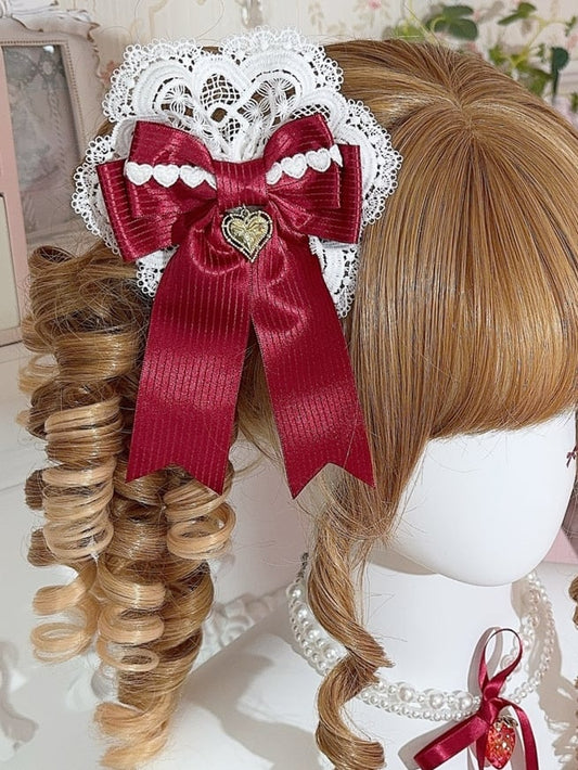 White&Red Heart Charm Lace Detail Bowknot Hairclip
