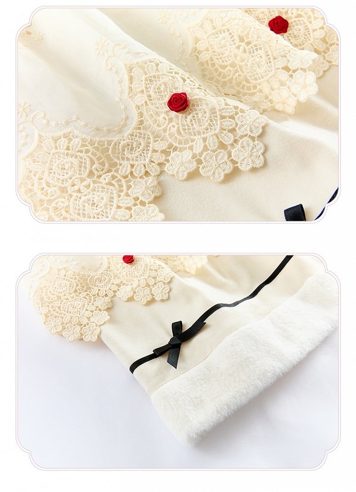 Beige Floral Embroidery Bodice Long Sleeves Lolita Dress Plush Neckline and Cuffs