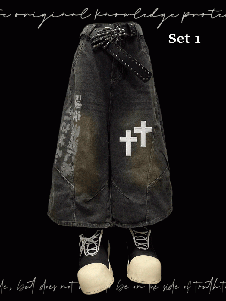 Dark Blue Faded Wash Cross Appliques Distressed Wide-Leg Jeans