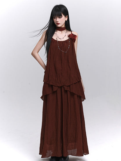 Wine Red Floral Embellished Cami Top with Scarf / Elastic Waist Skirt