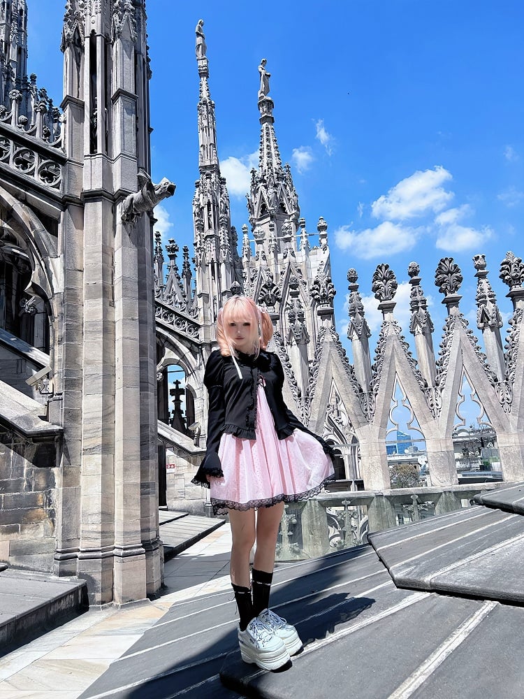 Gyaru Fashion Pink and Black Polka-dot Pattern Lace Trim Self-tie Halter Neck Slip Dress