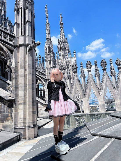 Gyaru Fashion Pink and Black Polka-dot Pattern Lace Trim Self-tie Halter Neck Slip Dress