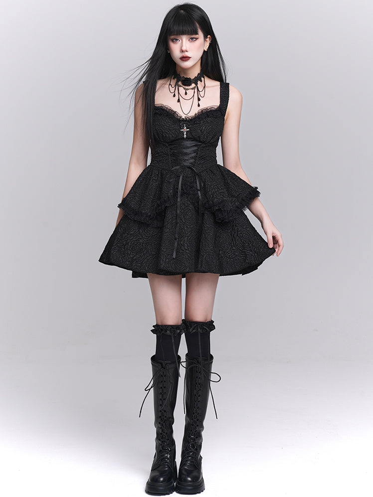 Black Sweetheart Neckline Lace-up Front Tiered Skirt Gothic Sleeveless Dress