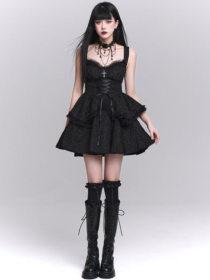 Black Sweetheart Neckline Lace-up Front Tiered Skirt Gothic Sleeveless Dress
