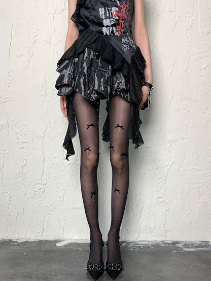 Black&Red Y2K Bowknot Details Polka-dot Pattern Tights