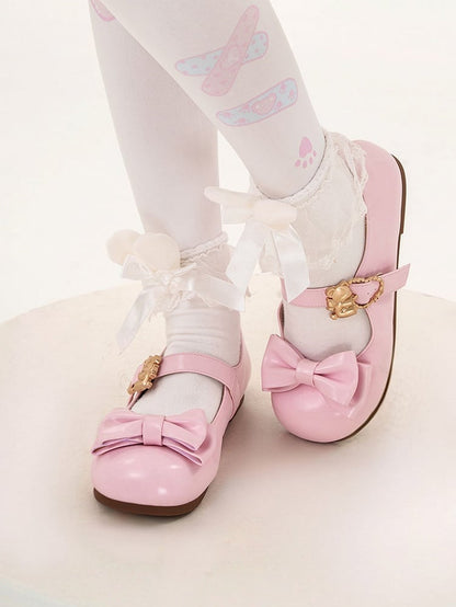 Pink Bow at Top Sweet Lolita Flats with Hugging Bear Heart Buckles