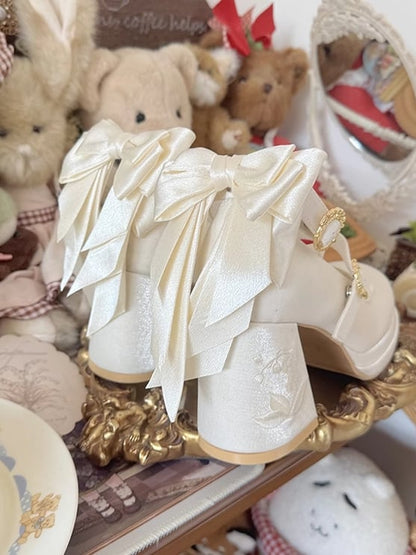 White Satin Detachable Bowknot Lily of the Valley Embroidery Middle Heels Mary Janes