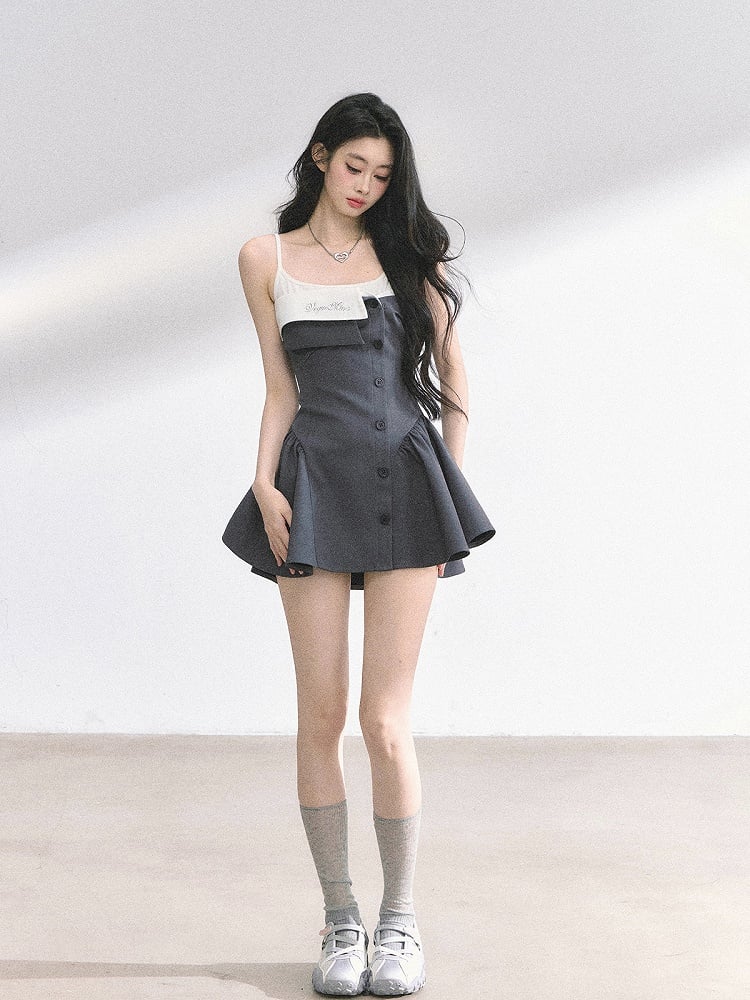 Gray Foldover Collar Spaghetti Strap Dress Faux Two-pieces