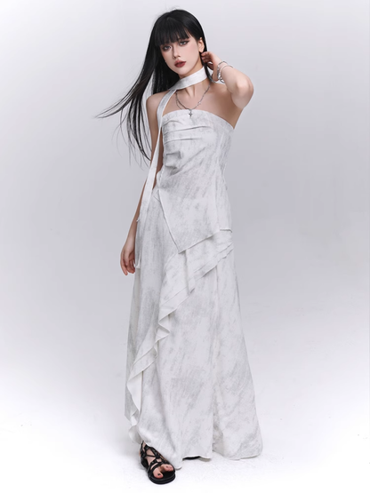 Off-white Side Slit Strapless Top with Scarf / Elastic Waist Cascading Ruffle Trim Skirt
