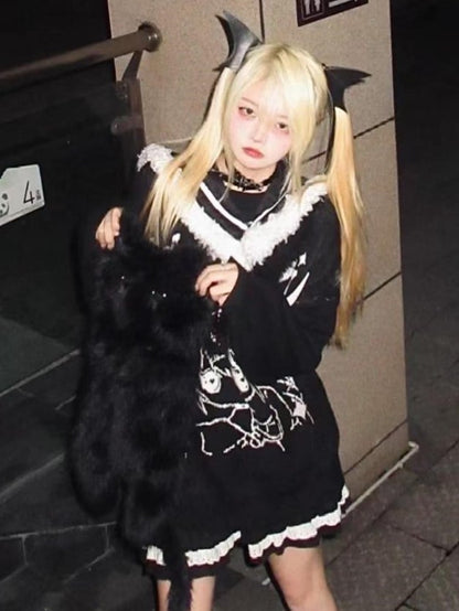 Black Jira Kei Sweater with Detachable Sailor Collar and Cartoon Girl Design