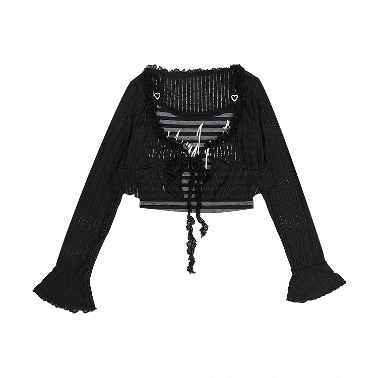 Y2K Black Striped Cami Top with Self-tie Cropped Coverup Set