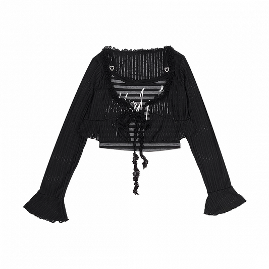 Y2K Black Striped Cami Top with Self-tie Cropped Coverup Set