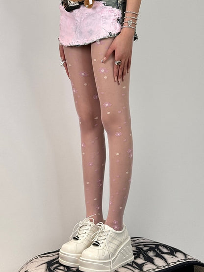 Black/Pink/Purple Floral Pattern Tights