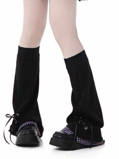 Purple Plaid Hem Black Lace-up Details Leg Warmers