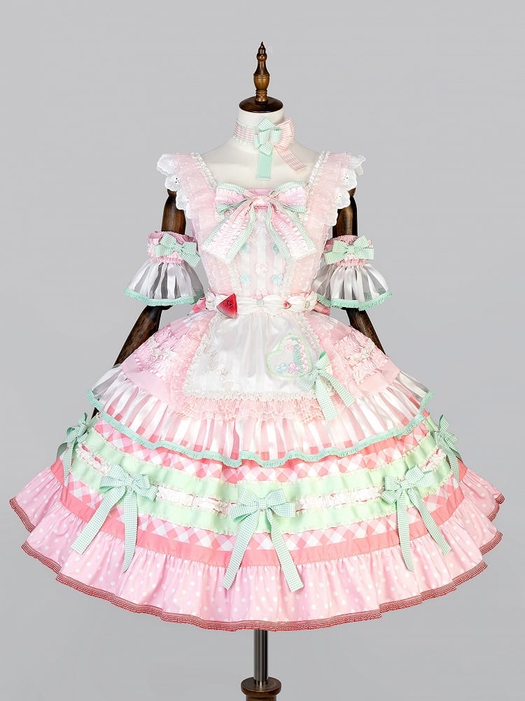 Pink and Green Watermelon Cake Bow Accents Tiered Skirt Sweet Lolita JSK Full Set