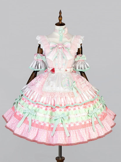 Pink and Green Watermelon Cake Bow Accents Tiered Skirt Sweet Lolita JSK Full Set