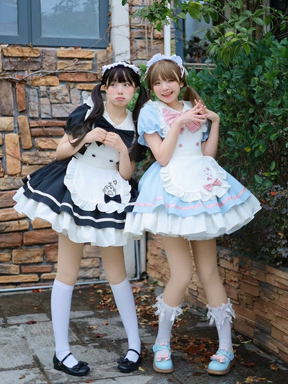 Black and White Sweet Maid Lolita Kitty Paw Embroidery Apron Dress