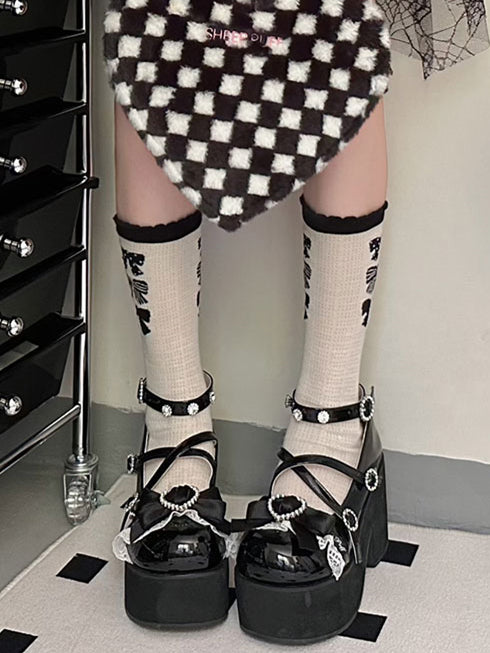 Bow at Top Polished Black Jirai Kei Rhinestones Block Heel Platforms Landmine Style Shoes