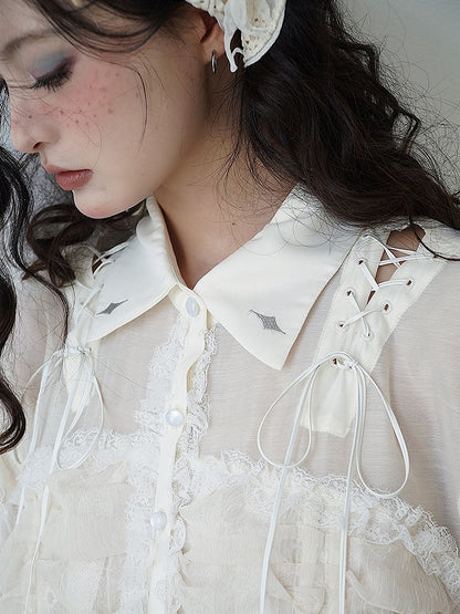 Lace-up Detail Beige Crosses Embroidery Chiffon Shirt Lace Trim