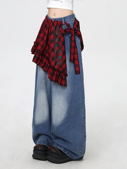 Blue Low Rise Faded Wash Wide-leg Jeans with Red Plaid Waist Accessory