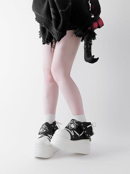 Black & White Punk Spider Print Platform Sneakers